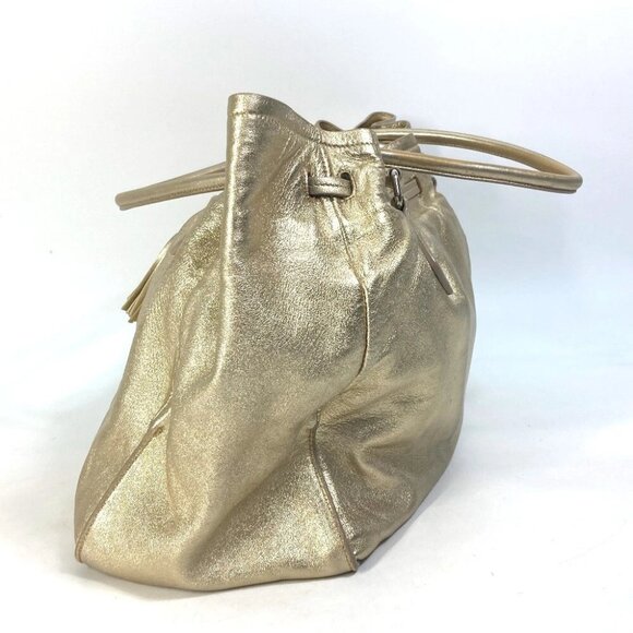 PRADA Shoulder Bag Logo fringe bag drawstring Tote Bag Leather Gold - Picture 5 of 13